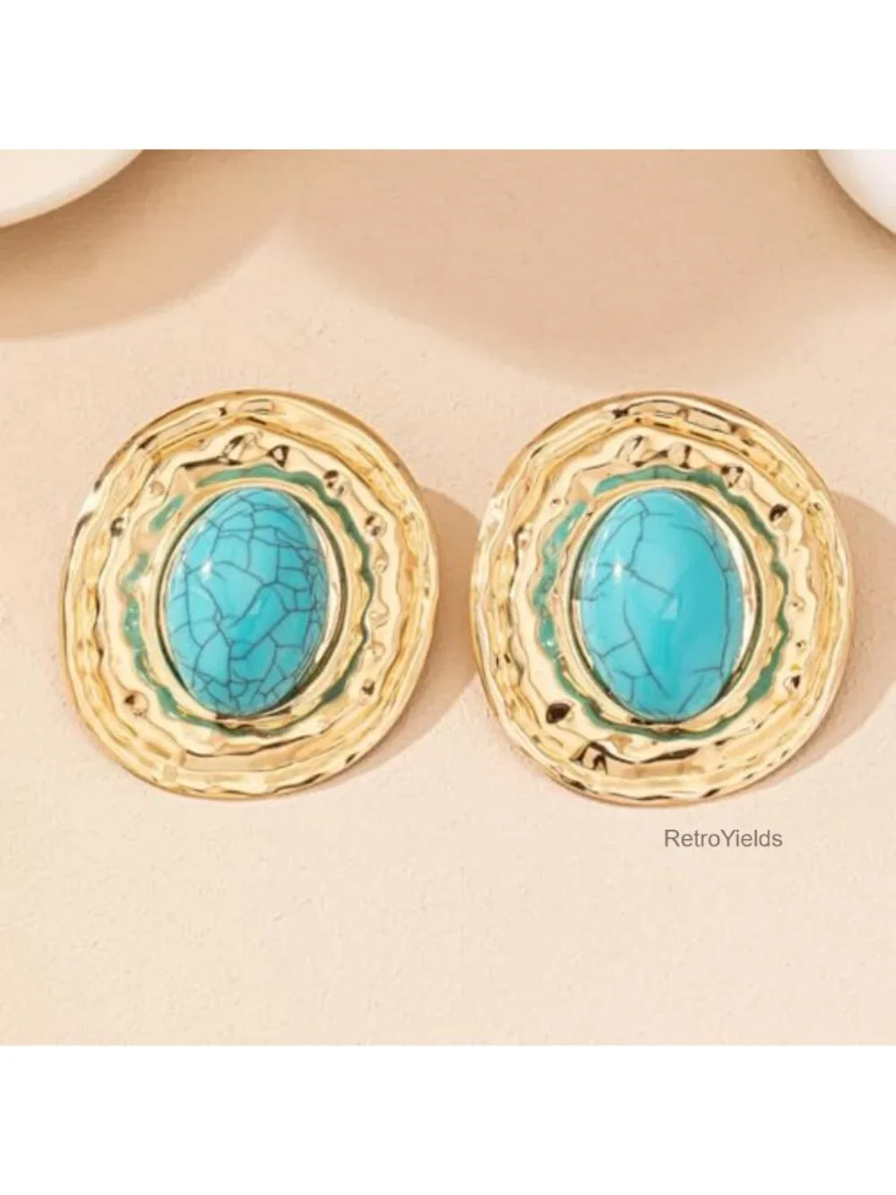 Chunky Gold Plated Turquoise Statement Earrings Oval Dangle Boho Western Jewelry